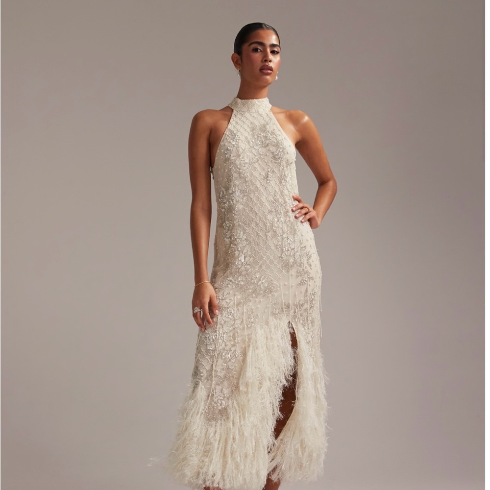 ASOS DESIGN floral embellished halter maxi wedding dress with fringe hem BRIDAL